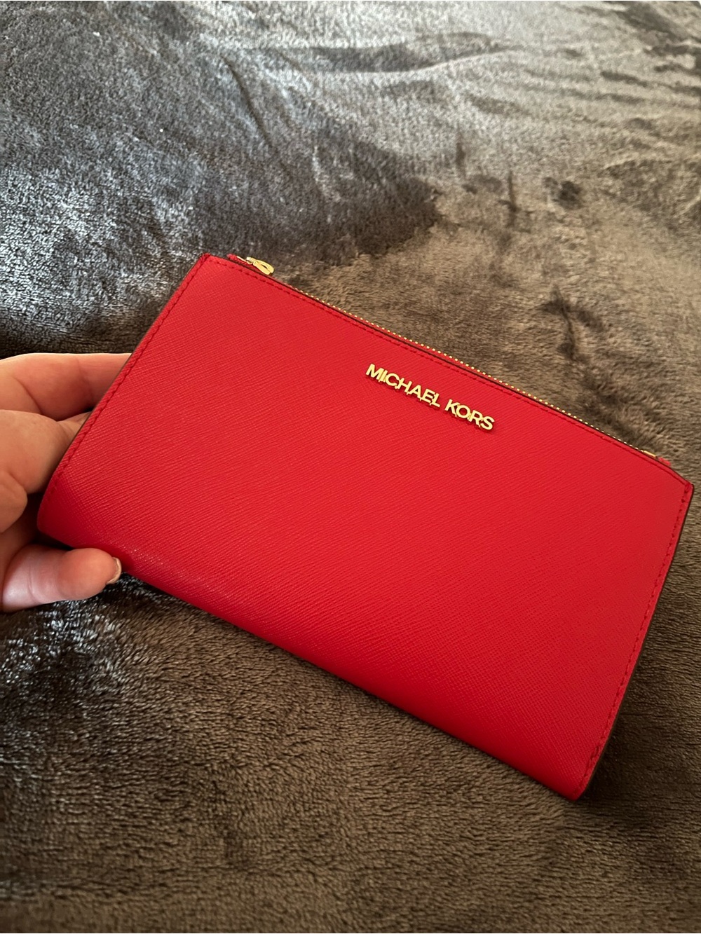 Michael Kors Bright Red Zip Wallet with Gold Logo